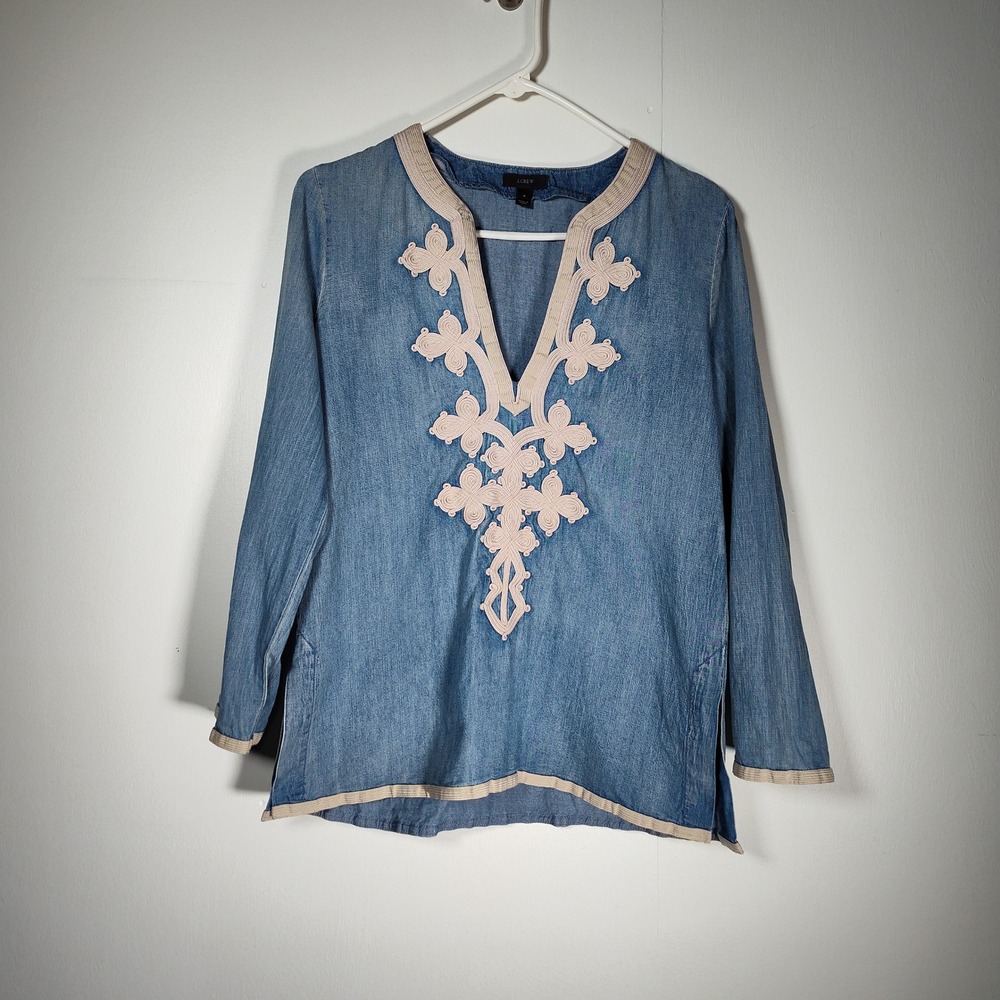 J. Crew Womens Chambray Soutache Embroidered Tunic Top Blue Denim V-Neck Size 4